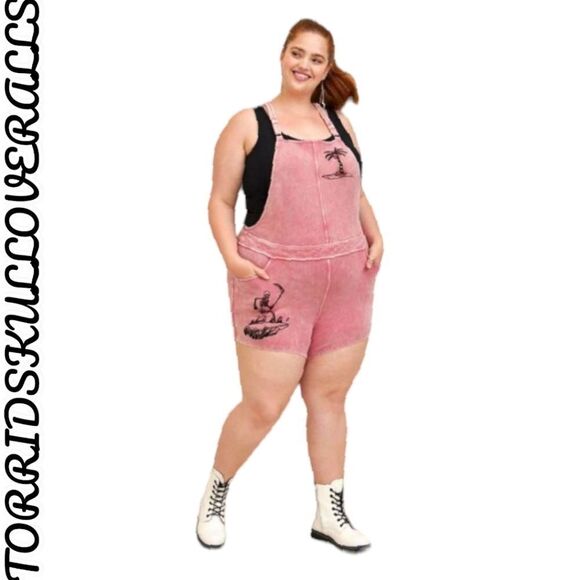 TORRID Plus Size Mauve Wash  Shortfall French Terry Surf Skulls Short Overalls - Picture 2 of 16